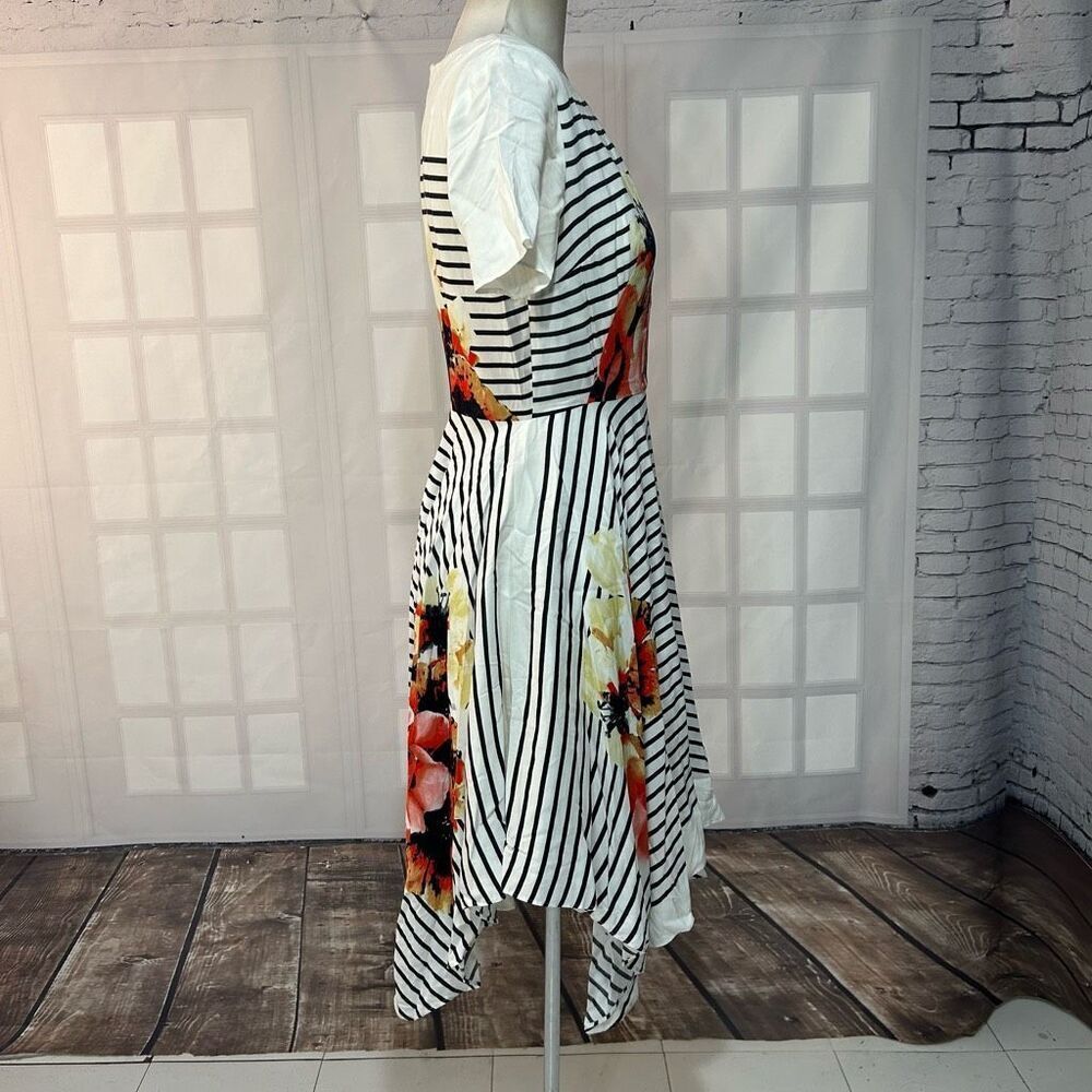 Anthropologie Cream Striped Midi Dress with Red & Pink Floral Print - Picture 8 of 11